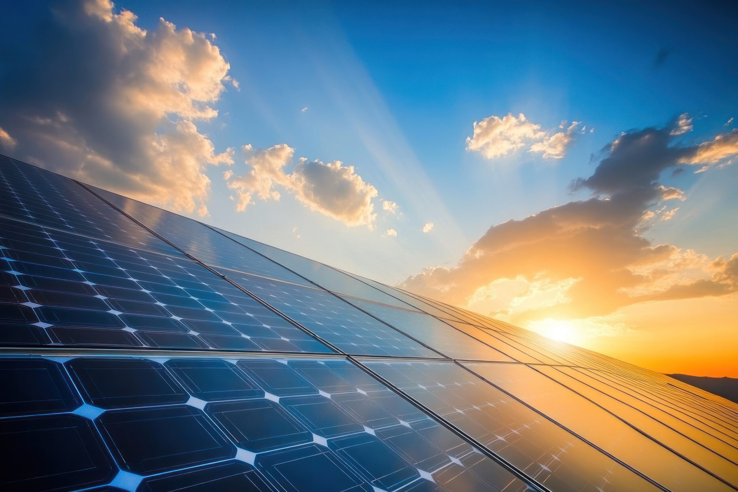 Solar panels sunset sky environmentally.